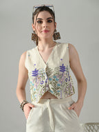 Myshka Women Off White Multicolor Thread Embroidered Waistcoat | Grocsy