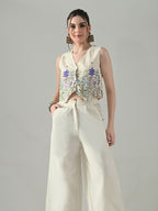 Myshka Women Off White Multicolor Thread Embroidered Waistcoat | Grocsy