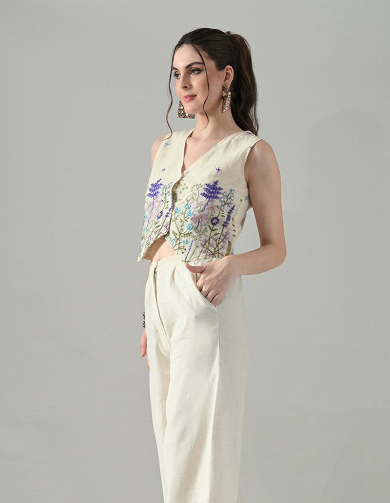 Myshka Women Off White Multicolor Thread Embroidered Waistcoat | Grocsy