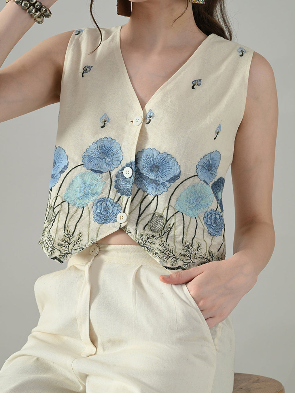 Myshka Women Off White Multicolor Thread Embroidered Waistcoat | Grocsy