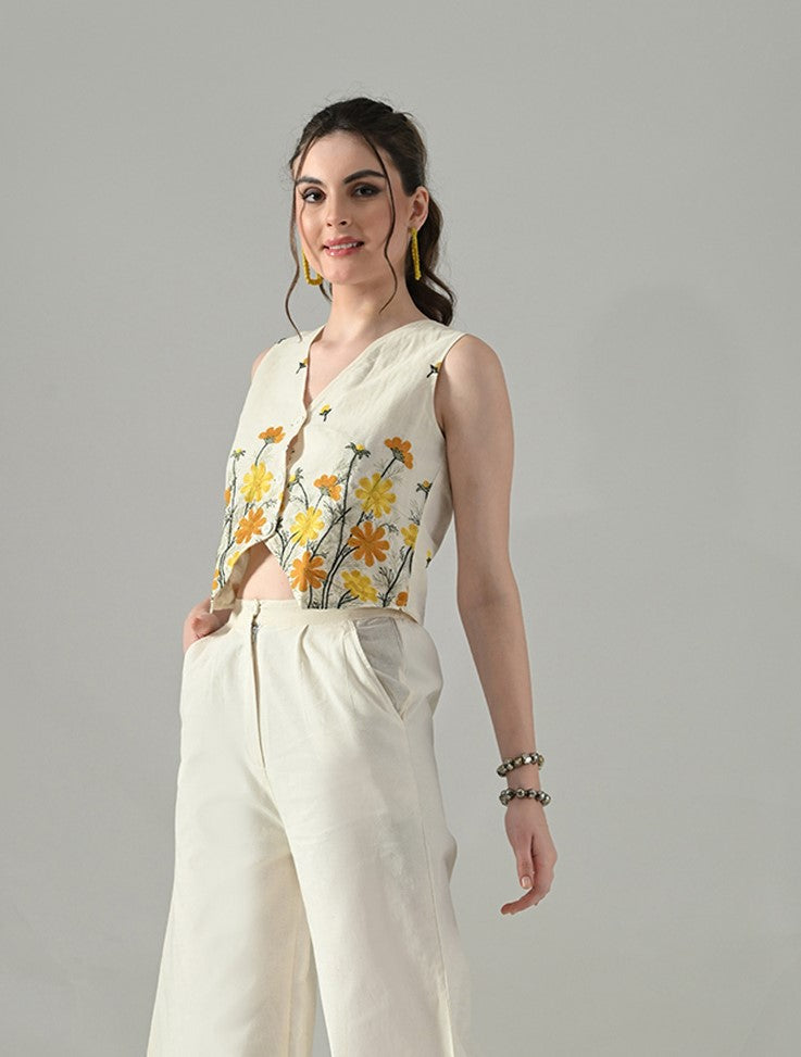 Myshka Women Off White Multicolor Thread Embroidered Waistcoat | Grocsy