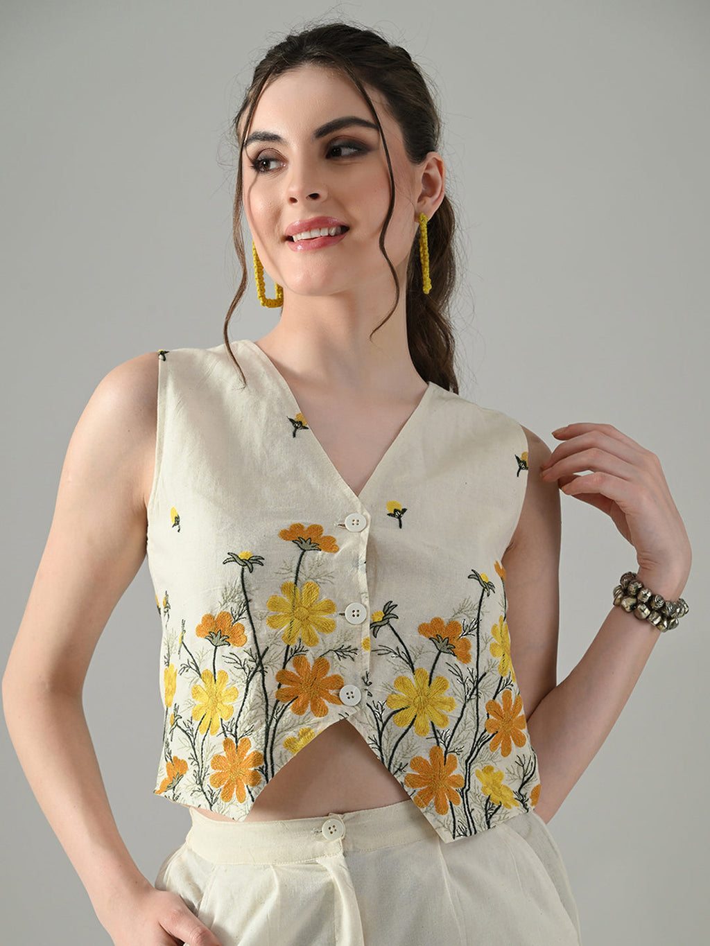 Myshka Women Off White Multicolor Thread Embroidered Waistcoat | Grocsy