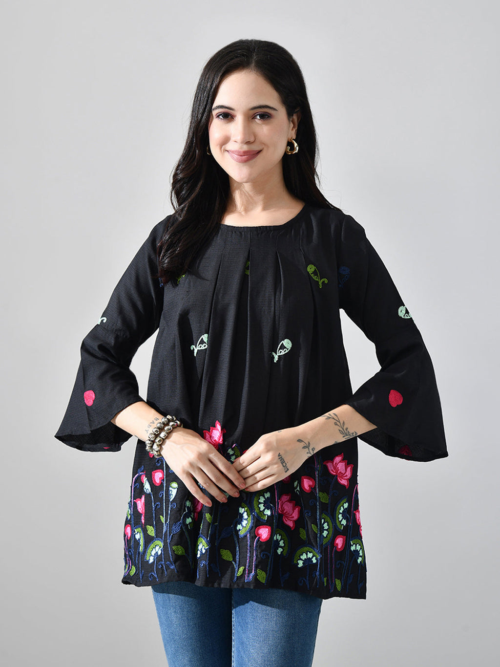 Myshka Women Black Multicolor Thread Embroidered Three-Quarter Sleeve Top | Grocsy