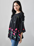 Myshka Women Black Multicolor Thread Embroidered Three-Quarter Sleeve Top | Grocsy