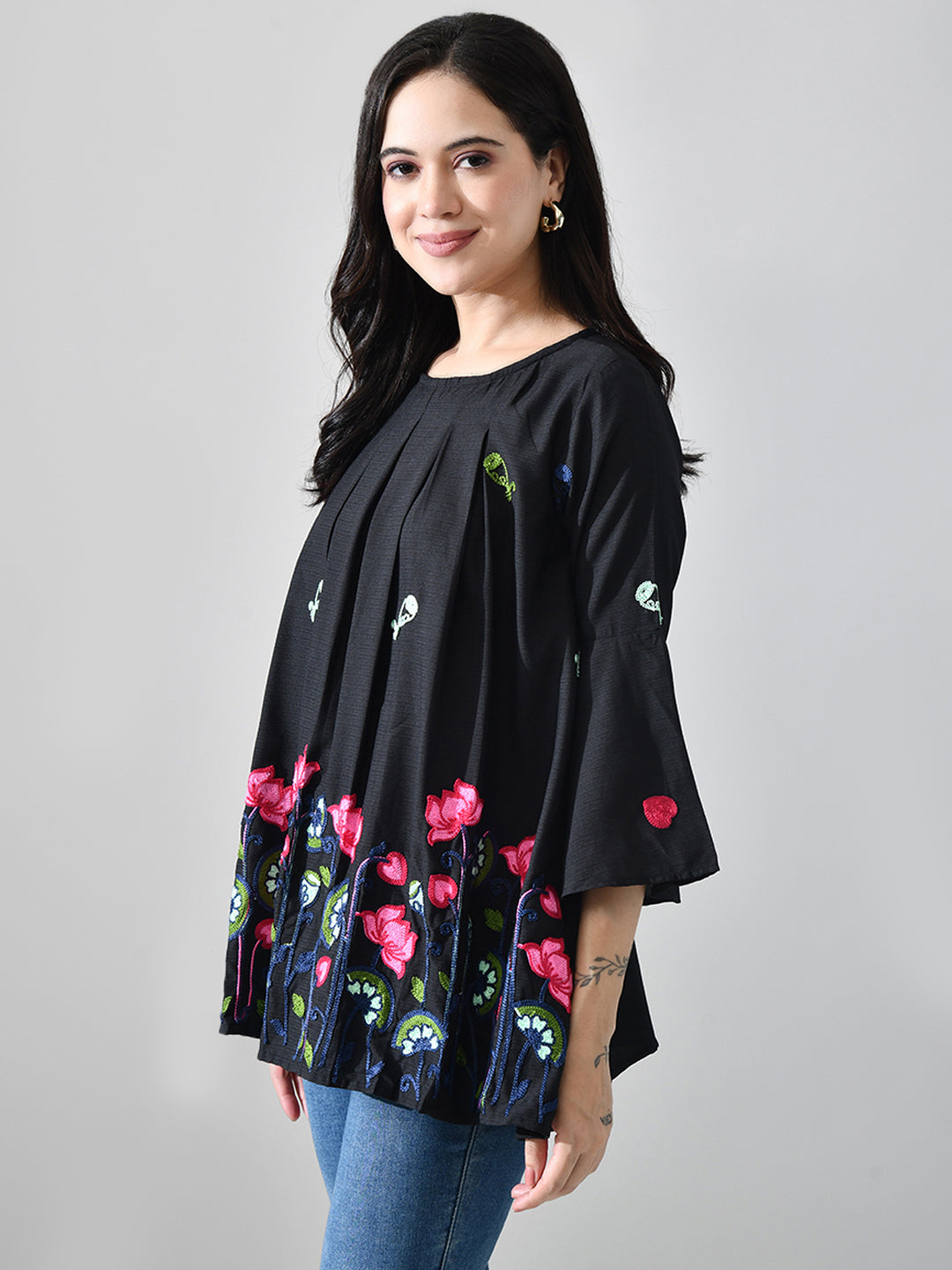 Myshka Women Black Multicolor Thread Embroidered Three-Quarter Sleeve Top | Grocsy