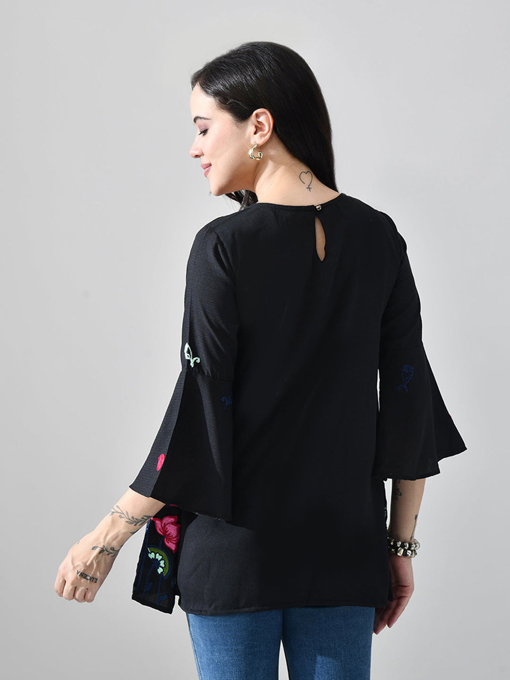 Myshka Women Black Multicolor Thread Embroidered Three-Quarter Sleeve Top | Grocsy