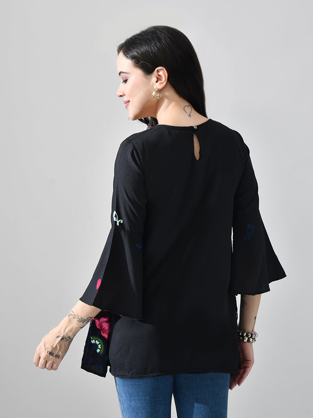 Myshka Women Black Multicolor Thread Embroidered Three-Quarter Sleeve Top | Grocsy