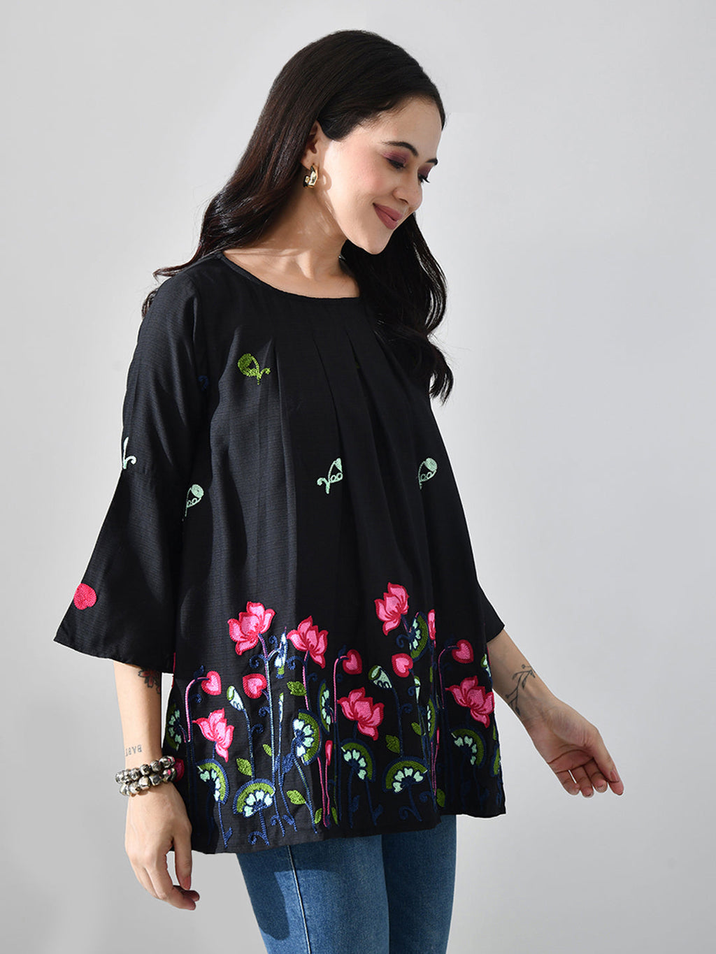 Myshka Women Black Multicolor Thread Embroidered Three-Quarter Sleeve Top | Grocsy