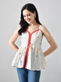 Myshka Women Off White Multicolor Thread Embroidered Strap Top | Grocsy