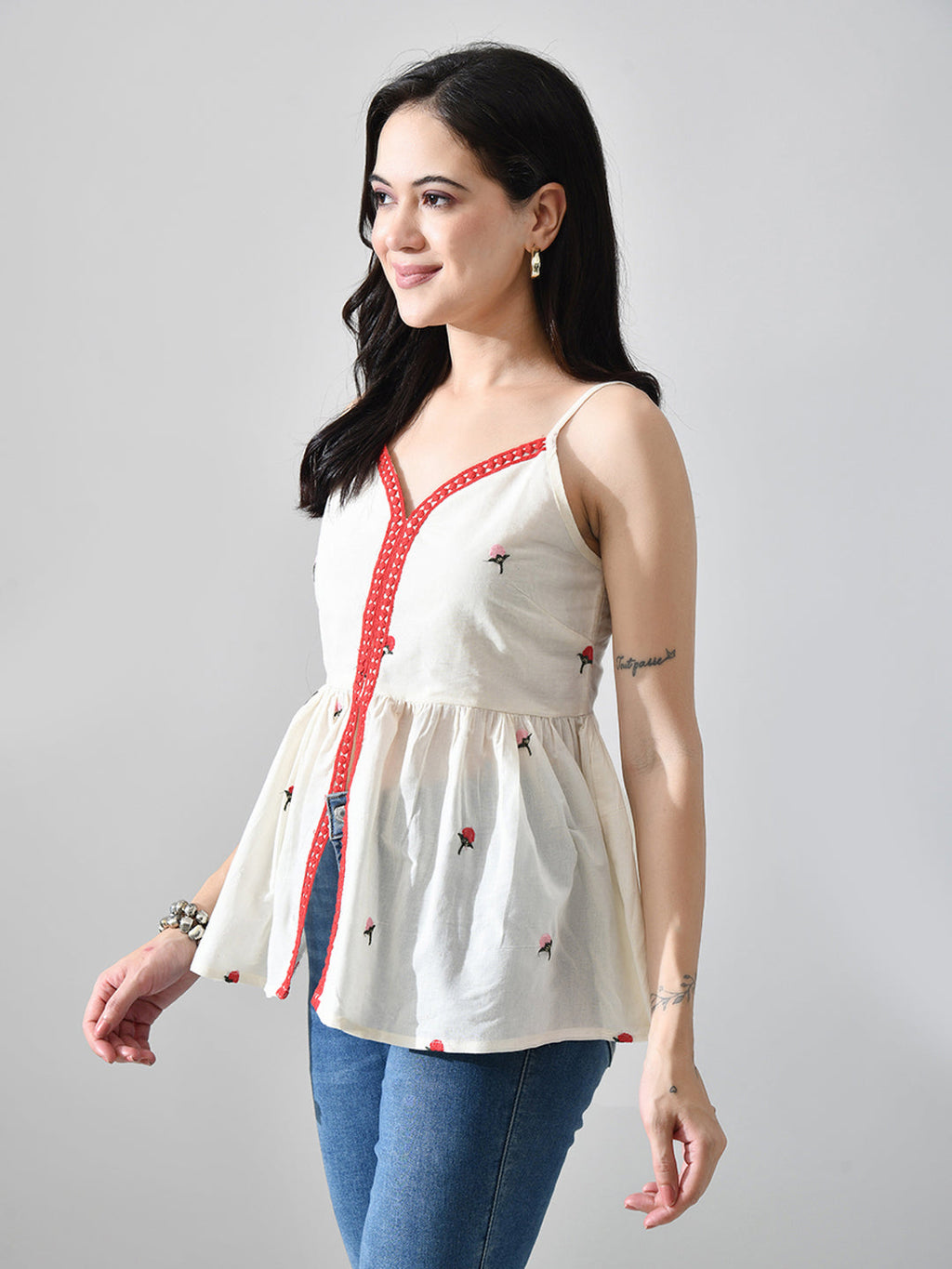 Myshka Women Off White Multicolor Thread Embroidered Strap Top | Grocsy