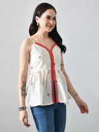 Myshka Women Off White Multicolor Thread Embroidered Strap Top | Grocsy