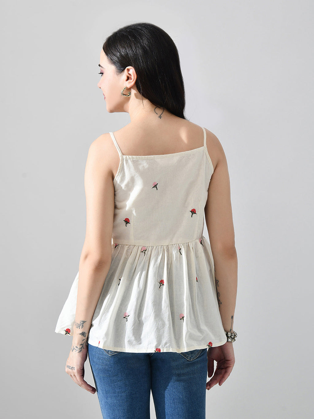 Myshka Women Off White Multicolor Thread Embroidered Strap Top | Grocsy