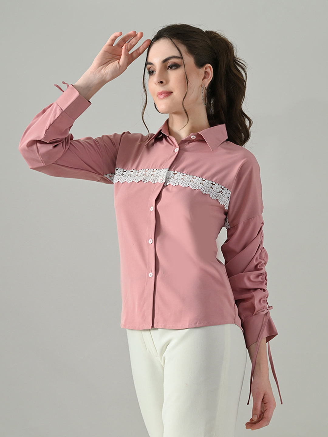 Myshka Women Pink Lace Embellished Shirt | Grocsy