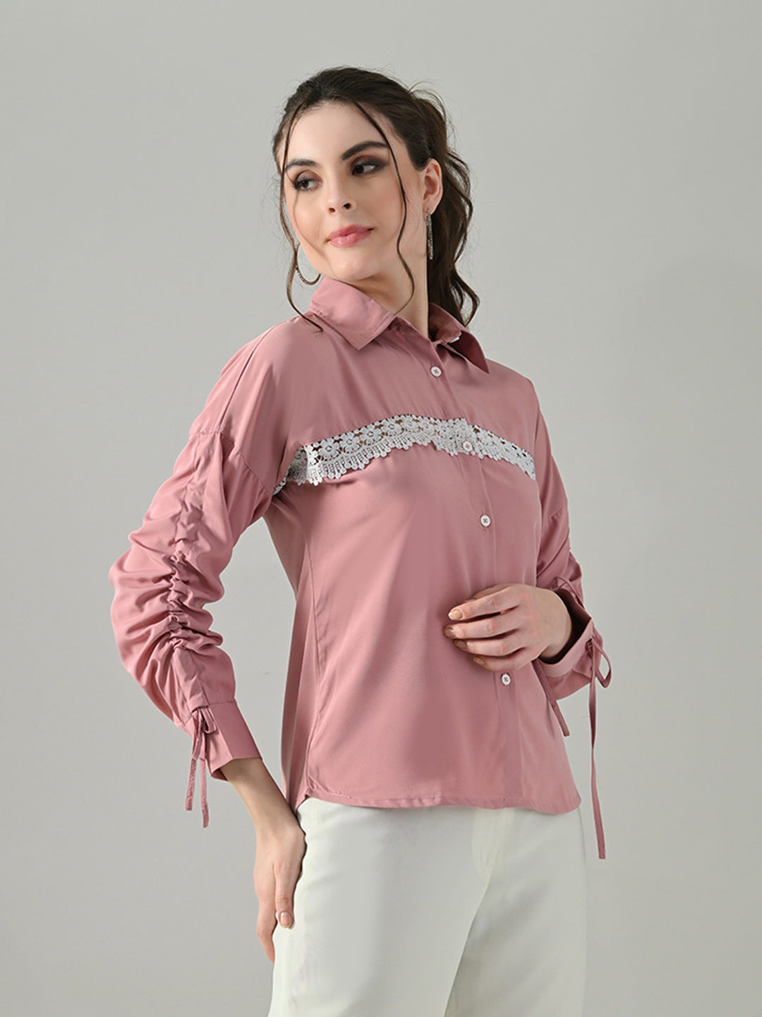 Myshka Women Pink Lace Embellished Shirt | Grocsy