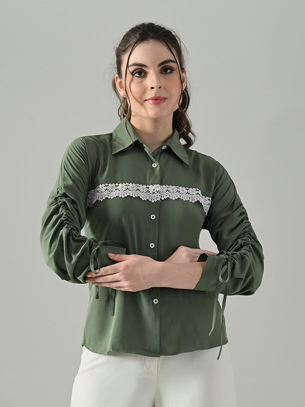 Myshka Women Green Lace Embellished Shirt | Grocsy