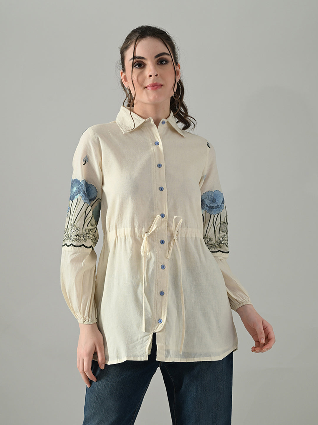 Myshka Women Off White Multicolor Thread Embroidered Shirt | Grocsy