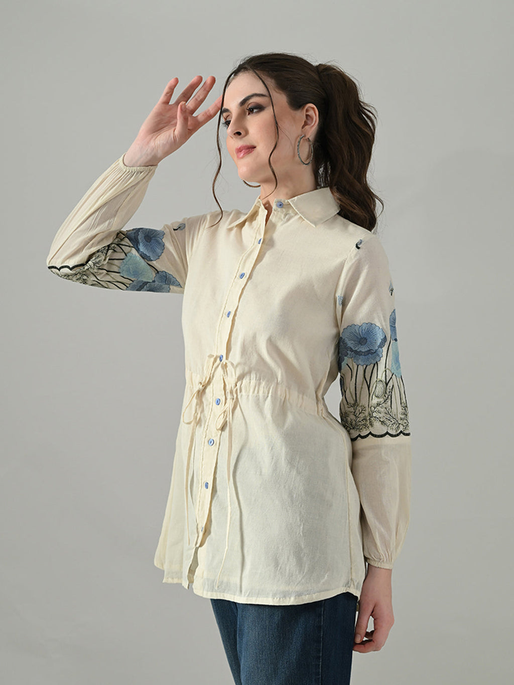 Myshka Women Off White Multicolor Thread Embroidered Shirt | Grocsy