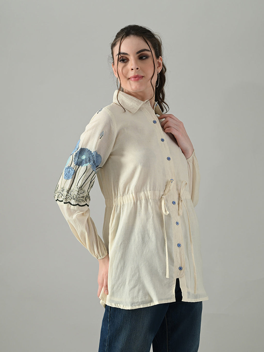 Myshka Women Off White Multicolor Thread Embroidered Shirt | Grocsy