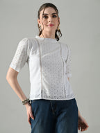 Myshka Women White Puff Sleeves Top With Schiffli Work | Grocsy