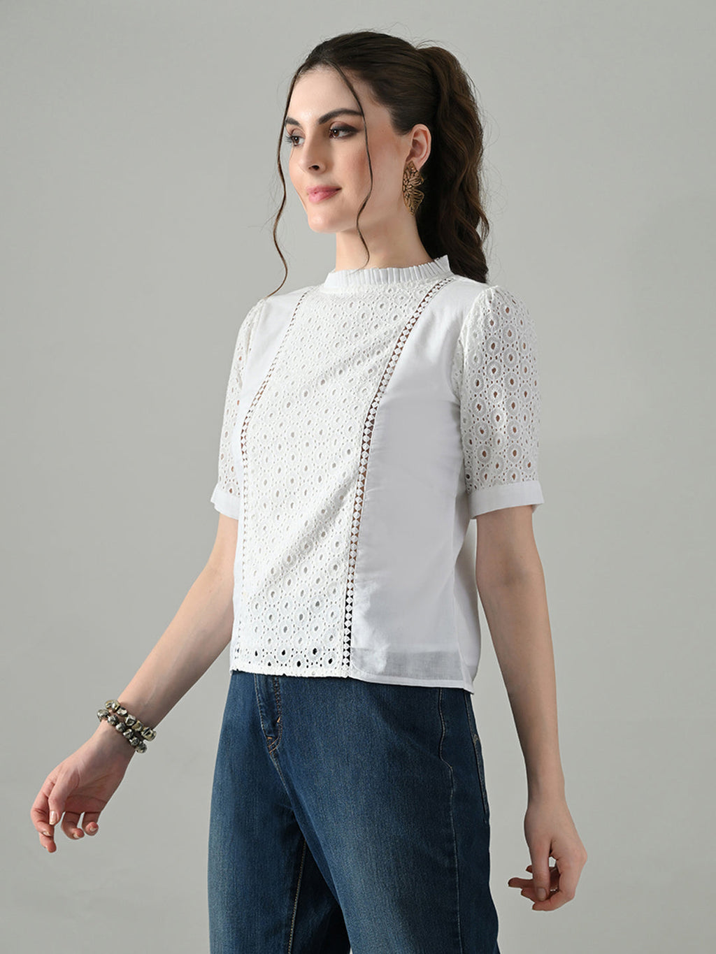 Myshka Women White Puff Sleeves Top With Schiffli Work | Grocsy