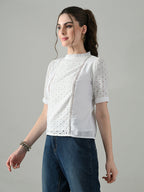 Myshka Women White Puff Sleeves Top With Schiffli Work | Grocsy