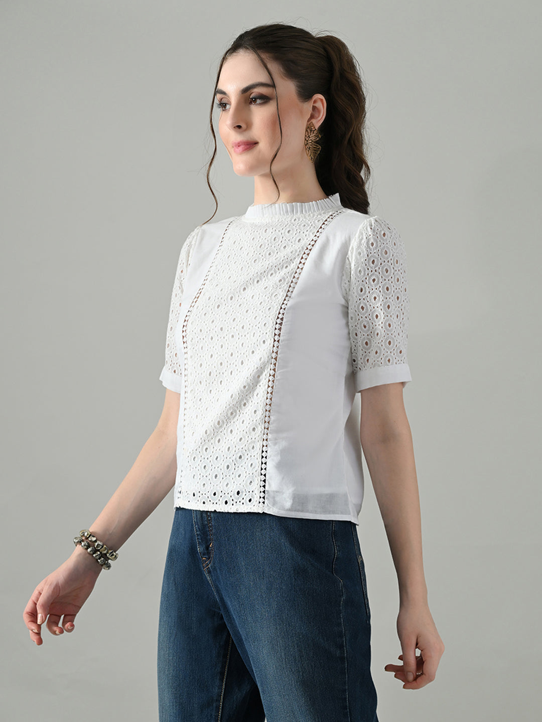 Myshka Women White Puff Sleeves Top With Schiffli Work | Grocsy