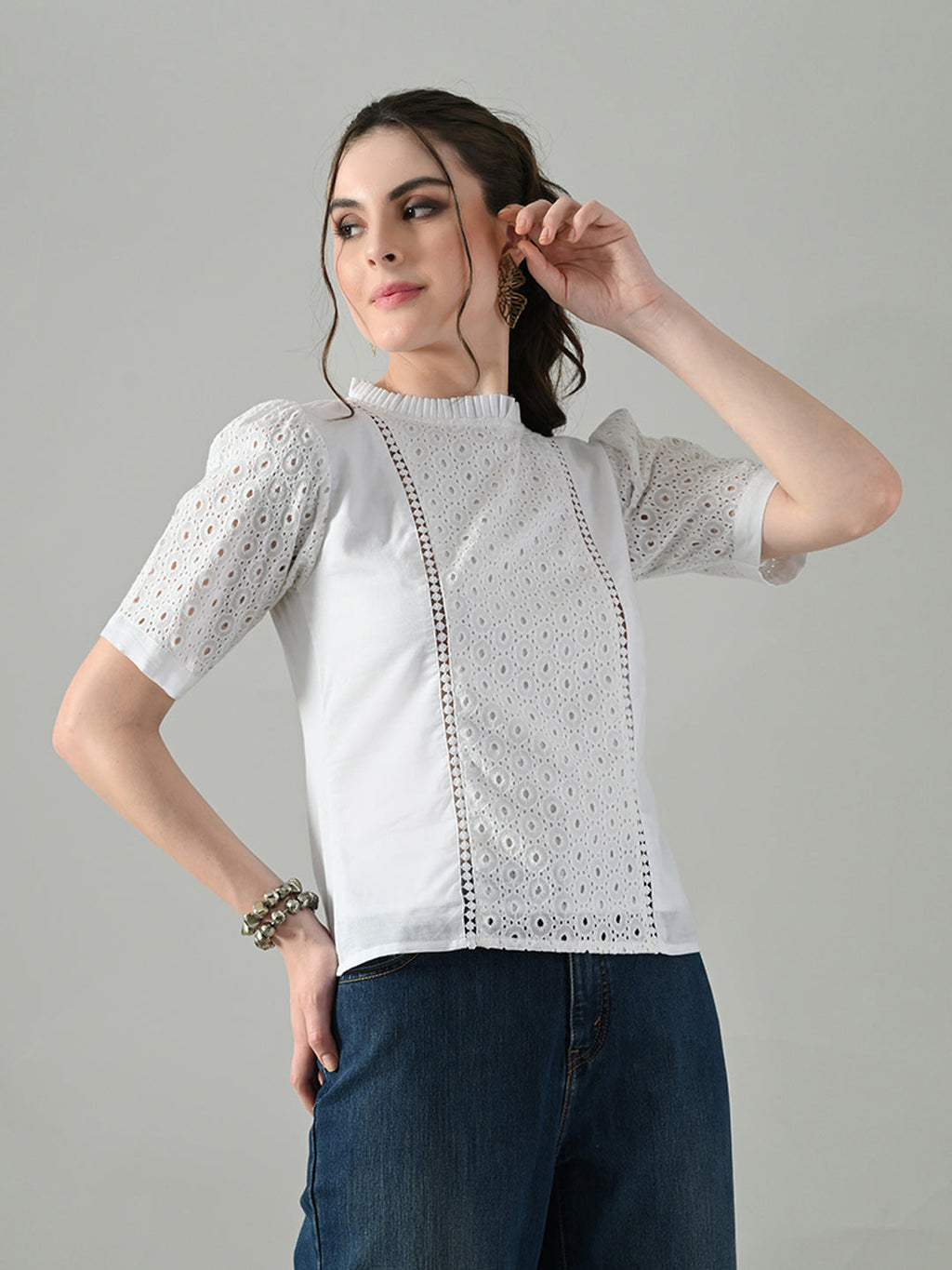 Myshka Women White Puff Sleeves Top With Schiffli Work | Grocsy