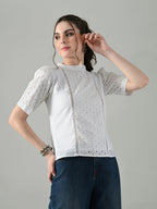 Myshka Women White Puff Sleeves Top With Schiffli Work | Grocsy