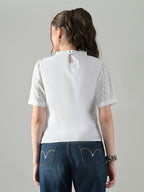 Myshka Women White Puff Sleeves Top With Schiffli Work | Grocsy