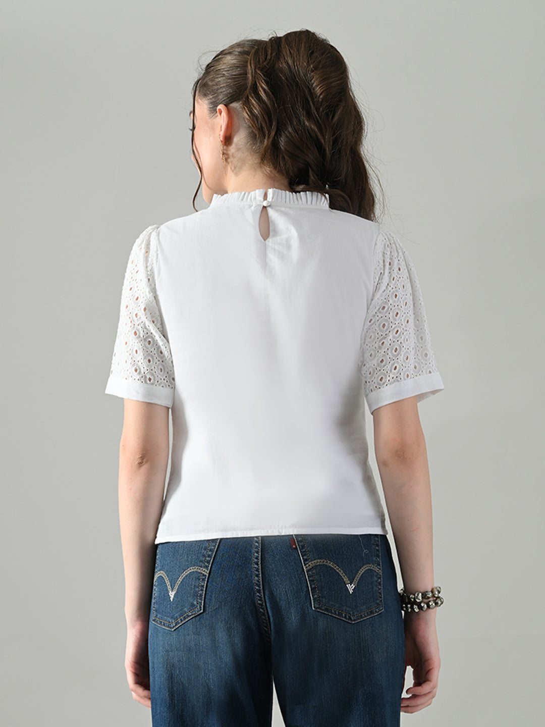 Myshka Women White Puff Sleeves Top With Schiffli Work | Grocsy