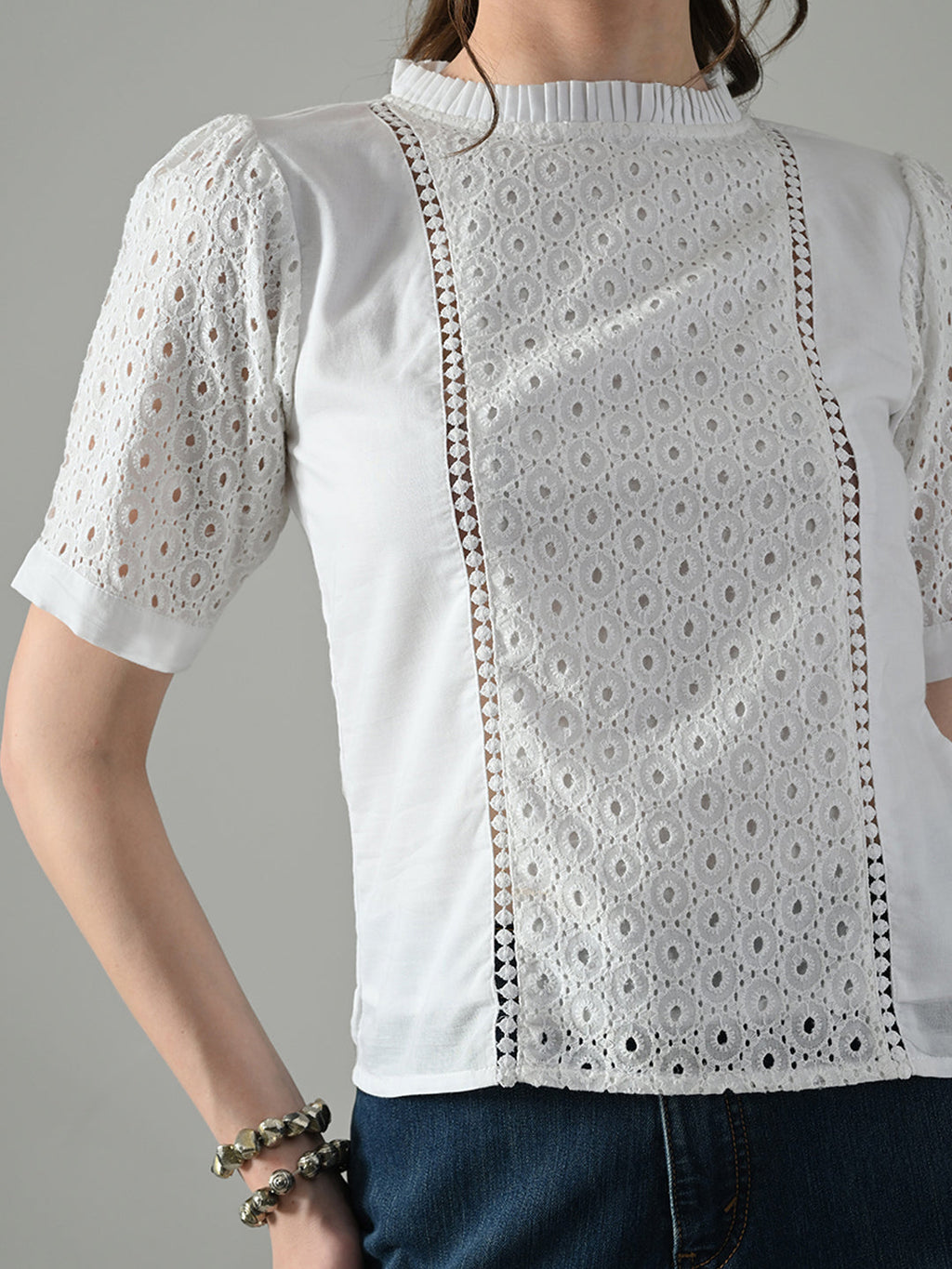 Myshka Women White Puff Sleeves Top With Schiffli Work | Grocsy