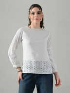 Myshka Women White Full Sleeve Top With Schiffli Work | Grocsy