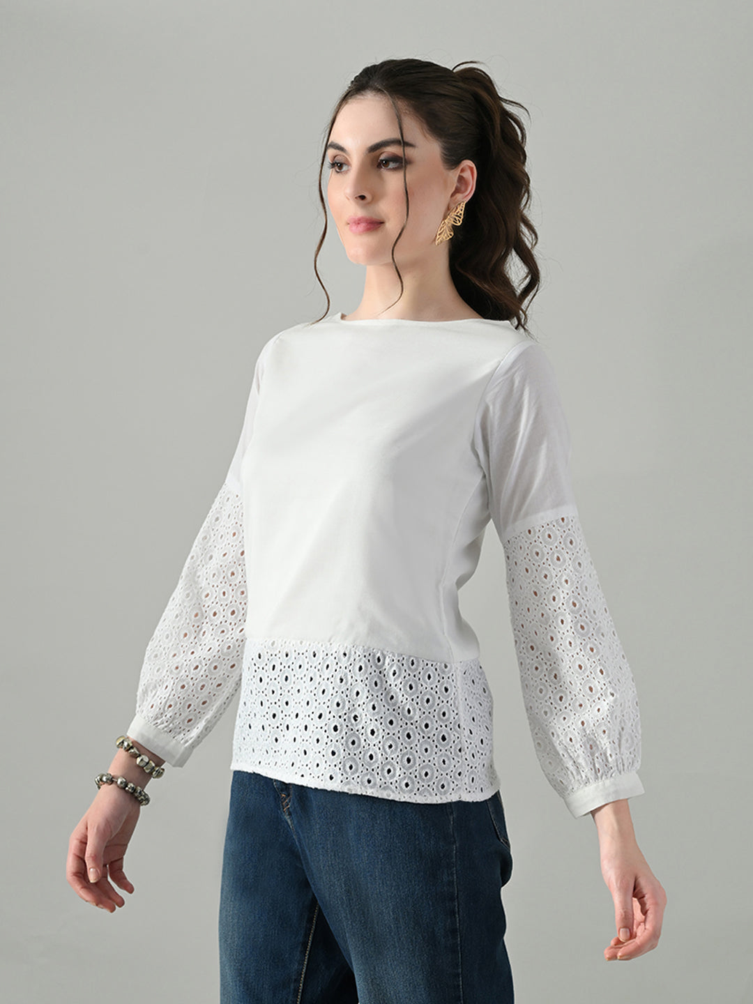 Myshka Women White Full Sleeve Top With Schiffli Work | Grocsy