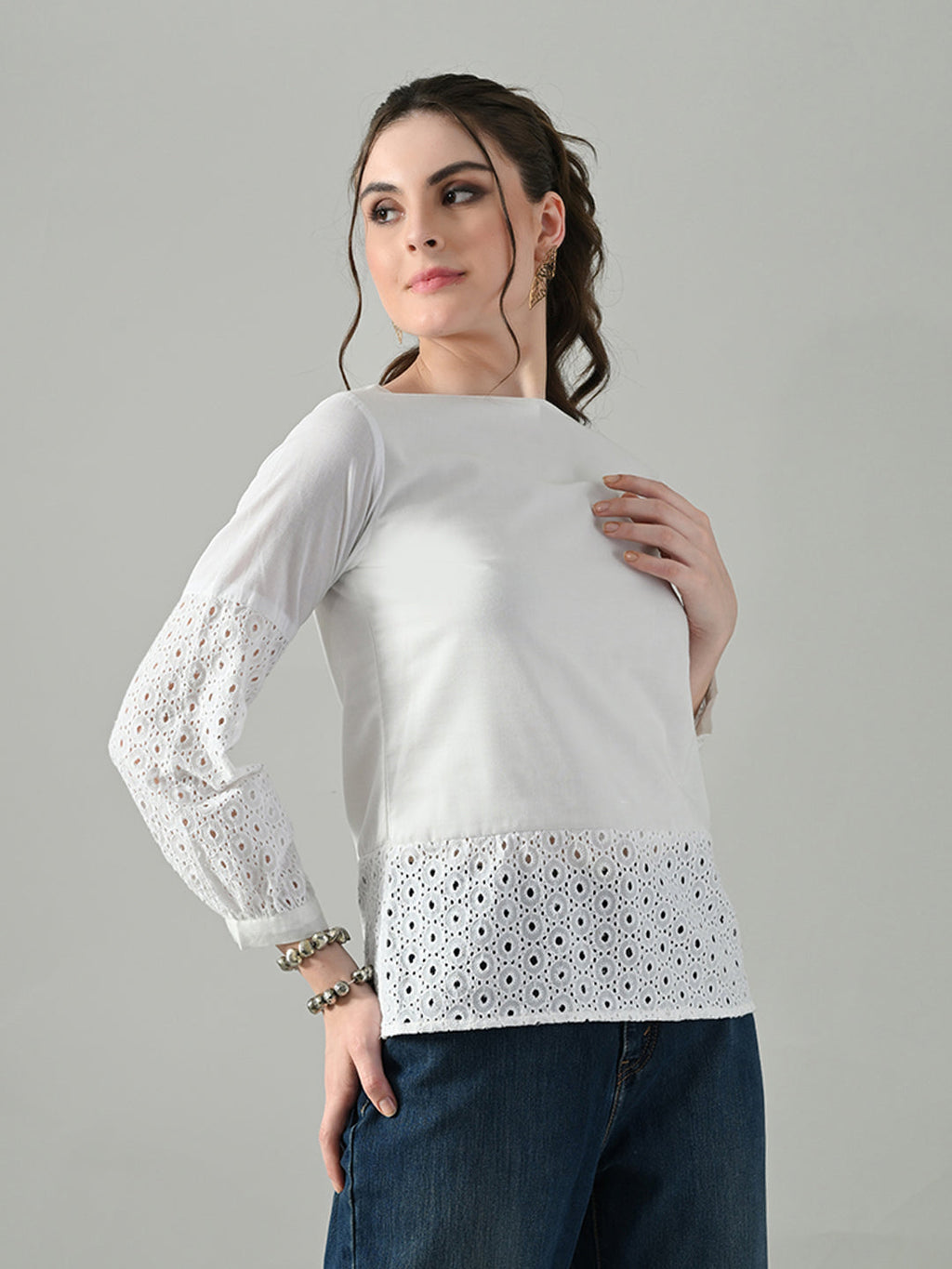 Myshka Women White Full Sleeve Top With Schiffli Work | Grocsy