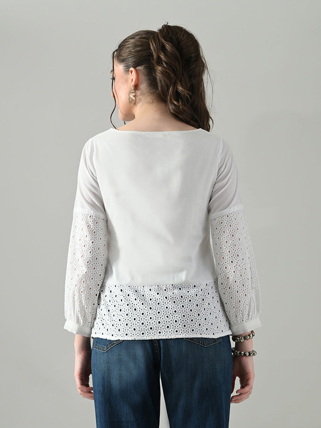 Myshka Women White Full Sleeve Top With Schiffli Work | Grocsy