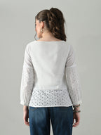 Myshka Women White Full Sleeve Top With Schiffli Work | Grocsy