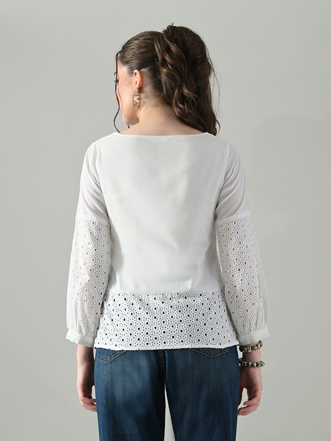 Myshka Women White Full Sleeve Top With Schiffli Work | Grocsy