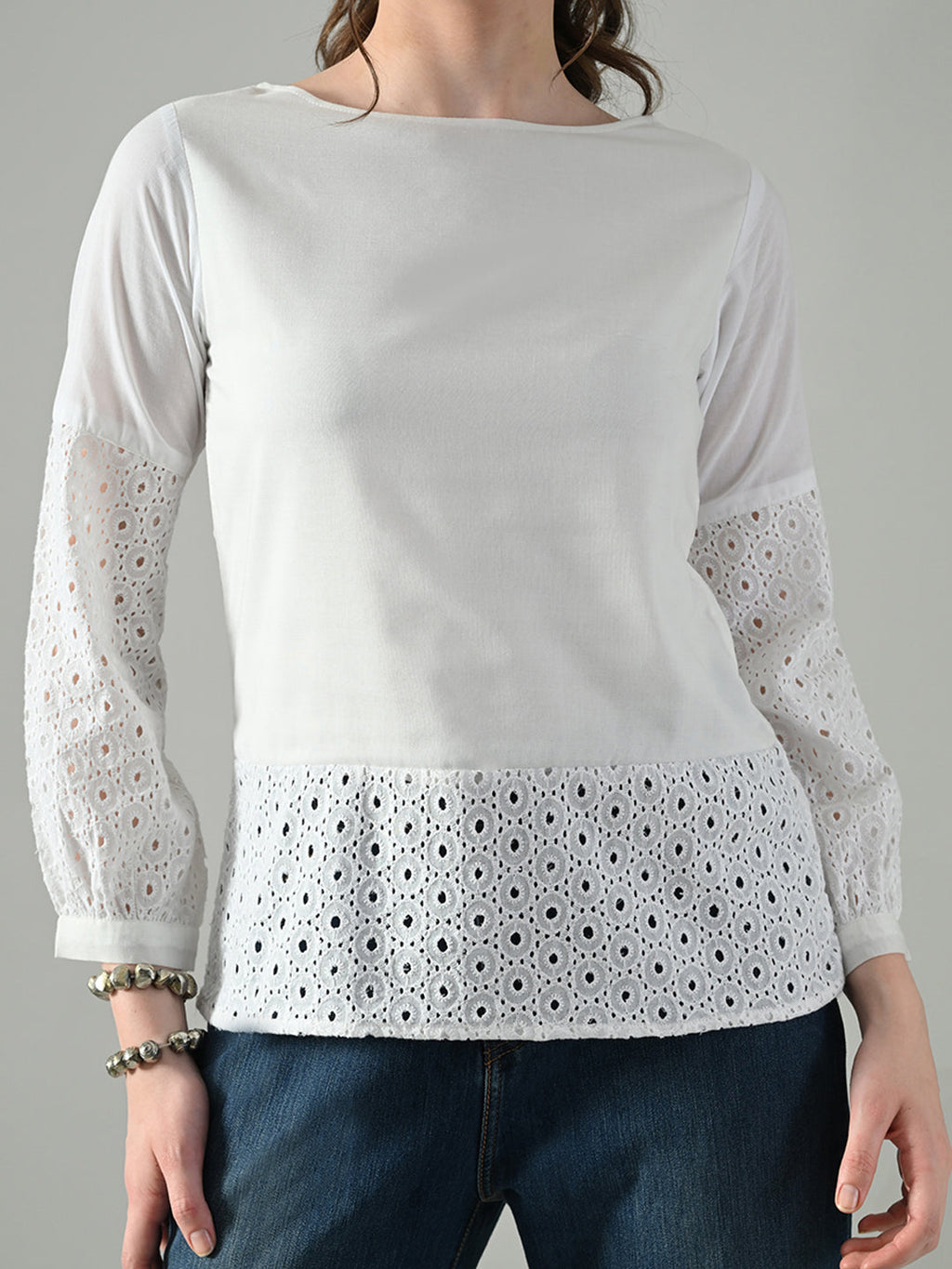 Myshka Women White Full Sleeve Top With Schiffli Work | Grocsy