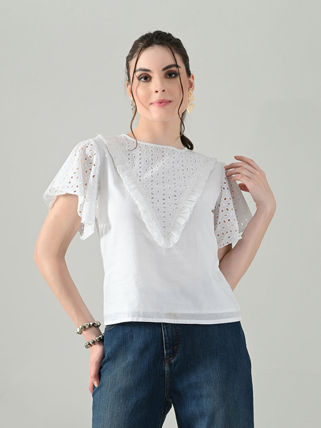 Myshka Women White Top With Schiffli Work Butterfly Sleeves | Grocsy