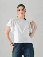 Myshka Women White Top With Schiffli Work Butterfly Sleeves | Grocsy