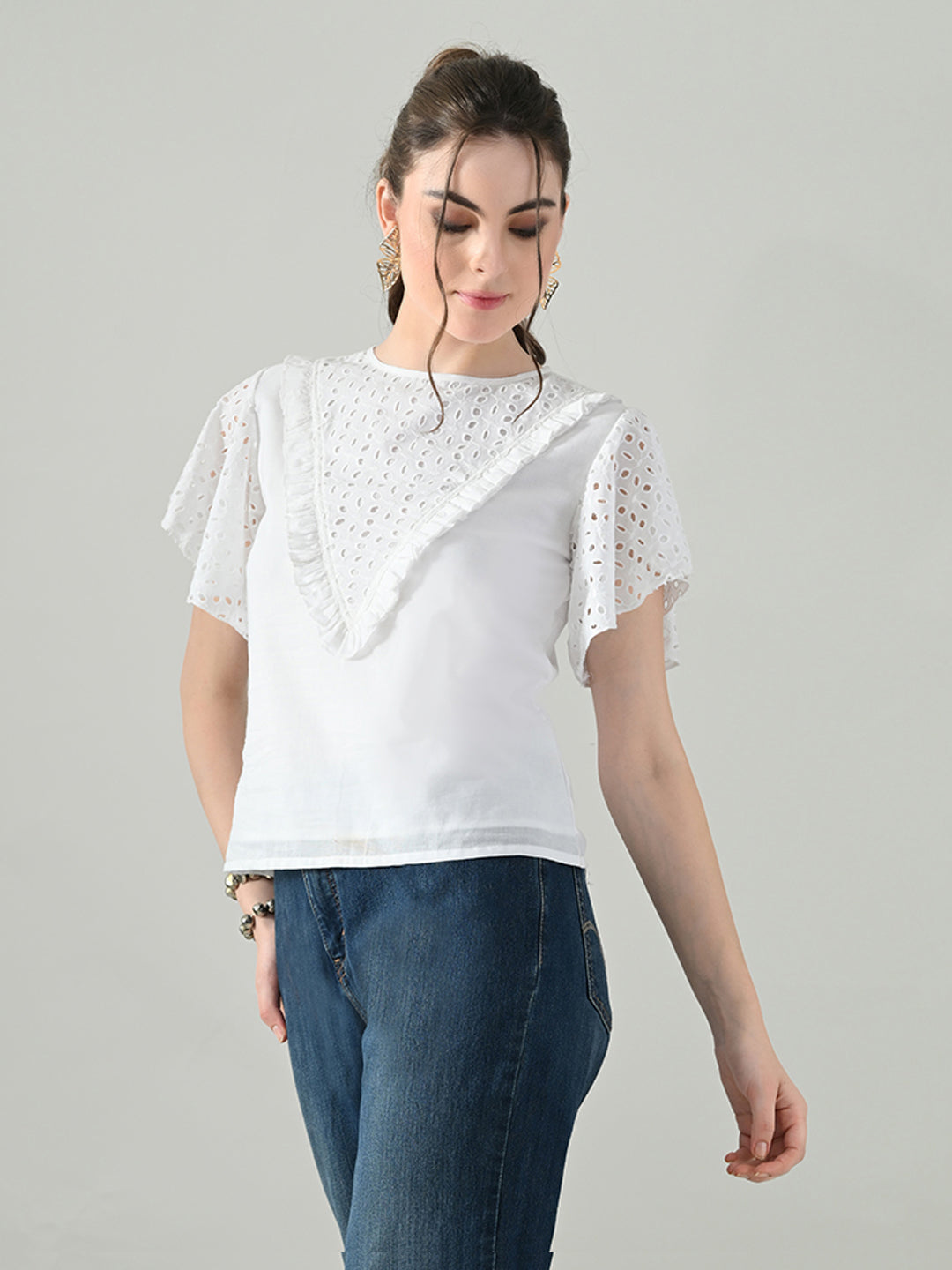 Myshka Women White Top With Schiffli Work Butterfly Sleeves | Grocsy