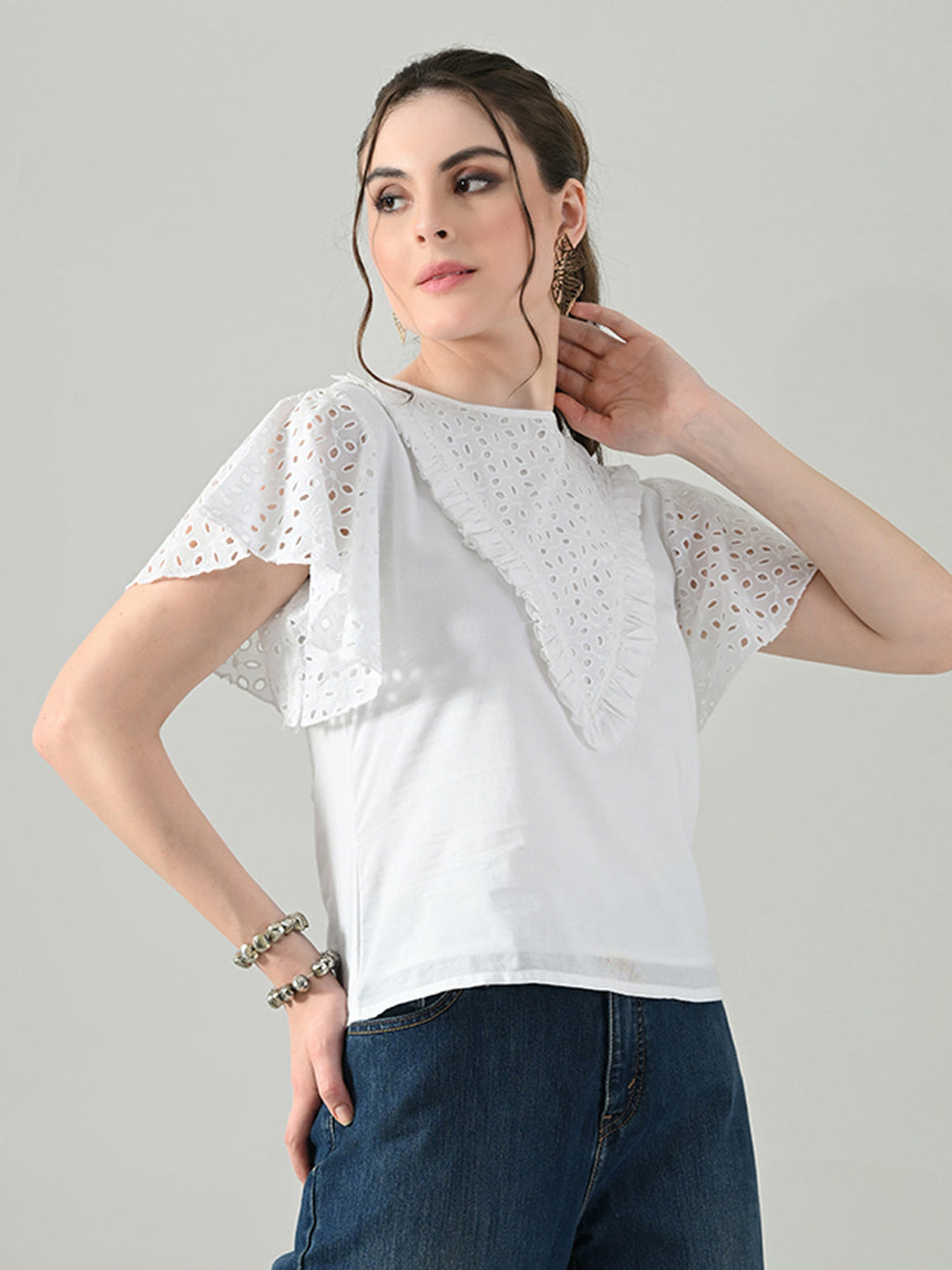 Myshka Women White Top With Schiffli Work Butterfly Sleeves | Grocsy