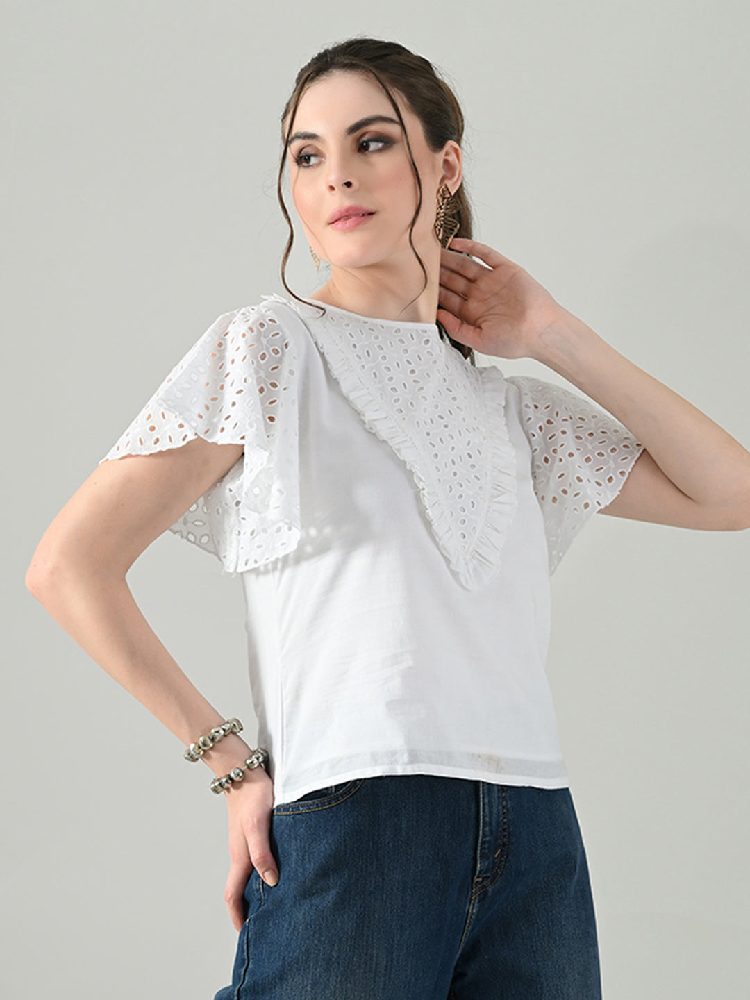Myshka Women White Top With Schiffli Work Butterfly Sleeves | Grocsy