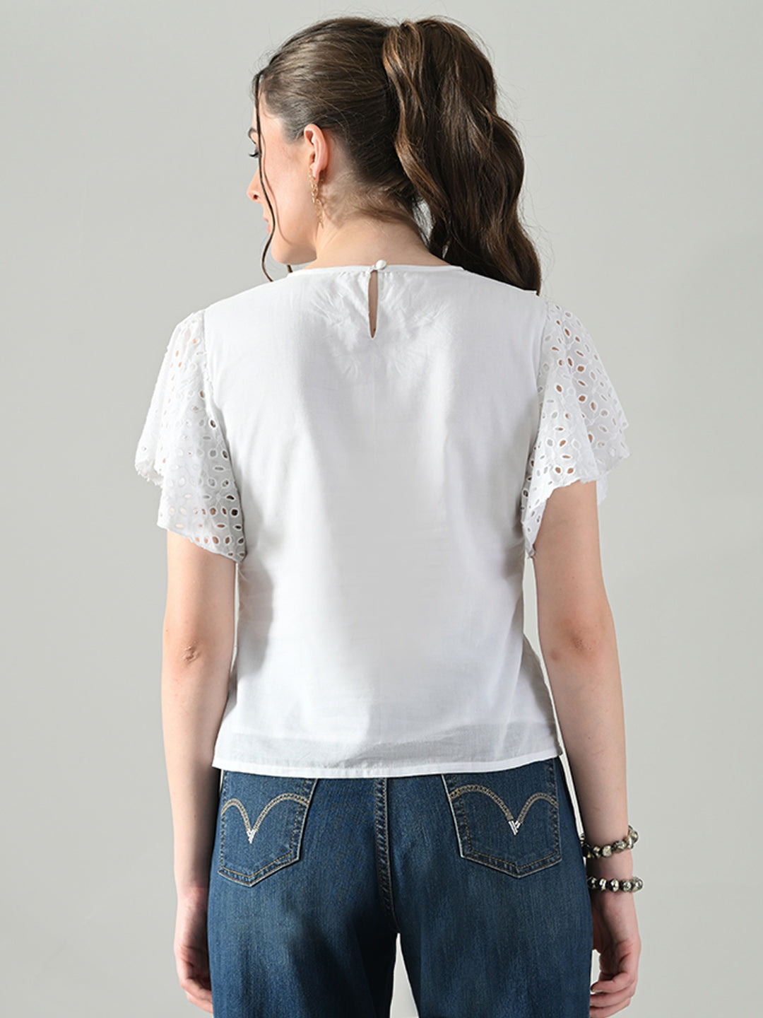 Myshka Women White Top With Schiffli Work Butterfly Sleeves | Grocsy