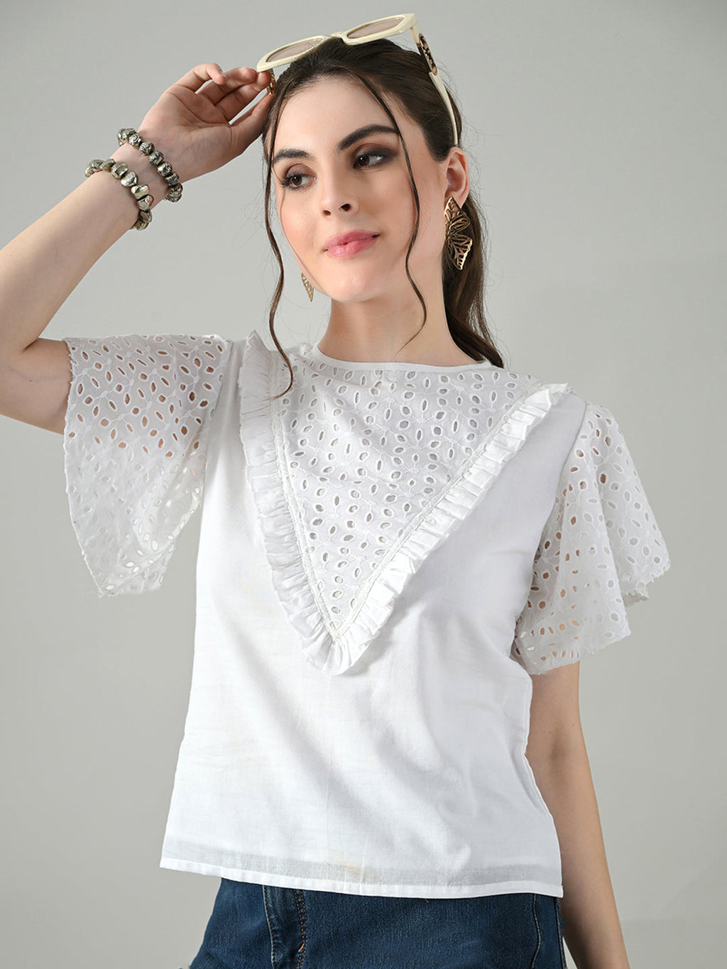 Myshka Women White Top With Schiffli Work Butterfly Sleeves | Grocsy