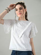 Myshka Women White Top With Schiffli Work Butterfly Sleeves | Grocsy