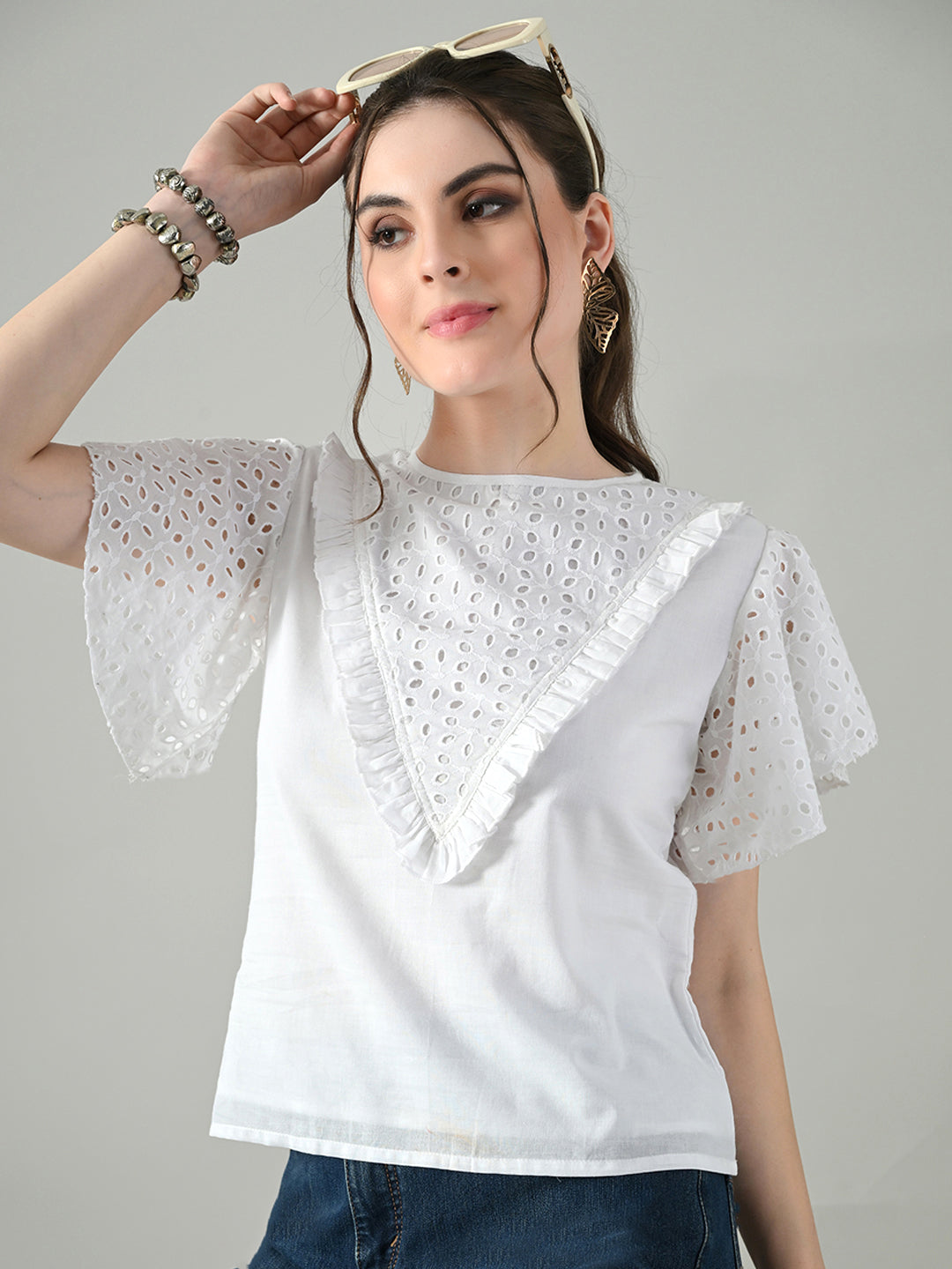 Myshka Women White Top With Schiffli Work Butterfly Sleeves | Grocsy