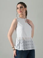 Myshka Women White Sleeveless Peplum Top Schiffli Work | Grocsy