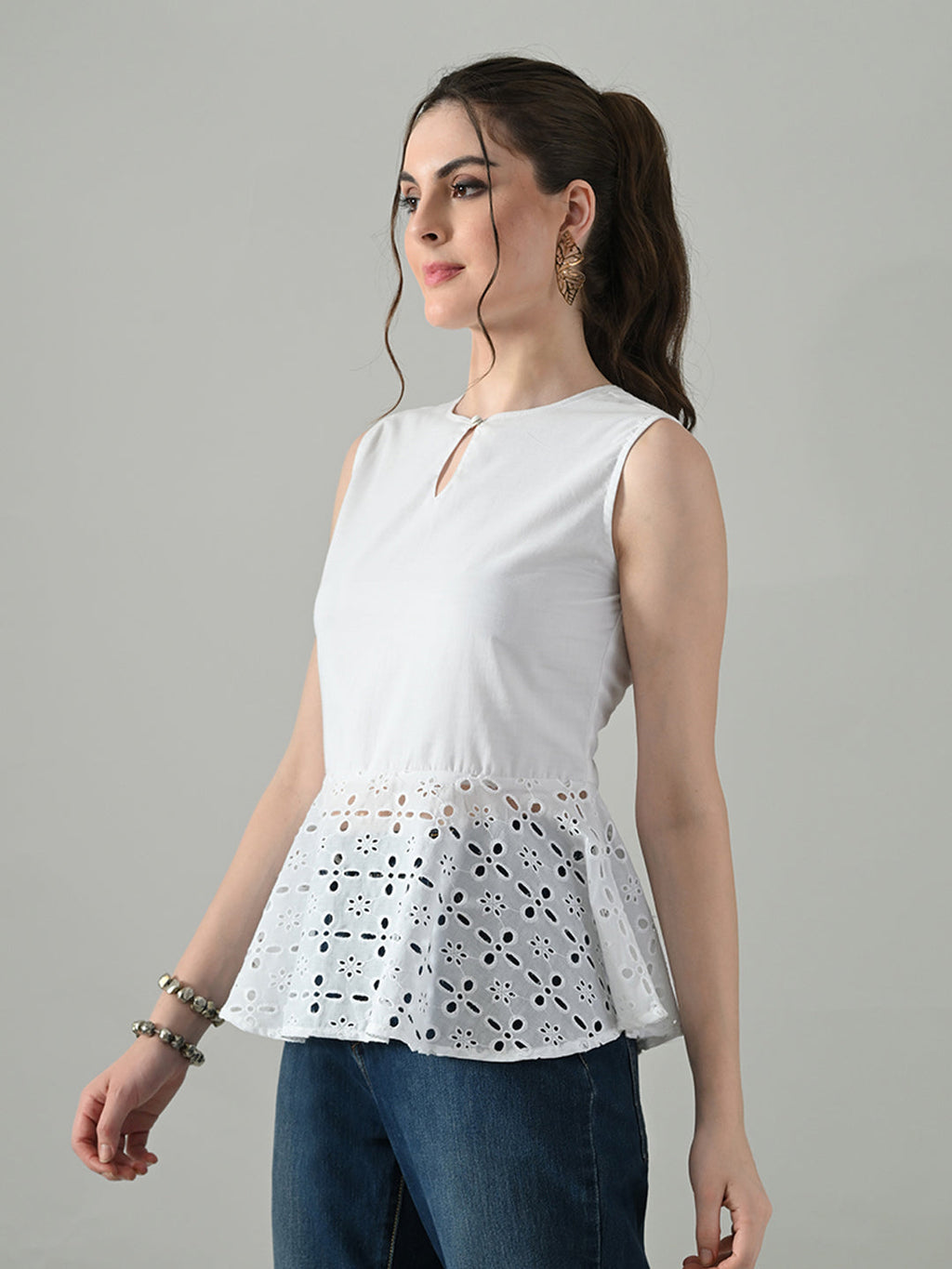 Myshka Women White Sleeveless Peplum Top Schiffli Work | Grocsy