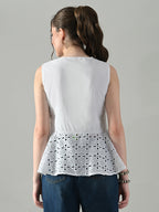 Myshka Women White Sleeveless Peplum Top Schiffli Work | Grocsy